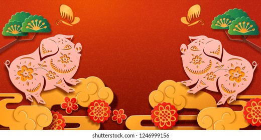 2019 Chinese Lunar New Year Greeting Paper Cut Or Spring Festival Card Design. Pig Zodiac Sign And Tree, Hydrangea Flowers And Cloud, Butterfly On Cover For CNY Celebration. Holiday And Piglet Theme