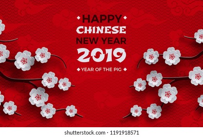 2019 chinese new year banner, poster design, red background, traditional sakura cherry flowers on tree branches, clouds, pattern oriental. Congratulation text, paper cut out style, vector illustration