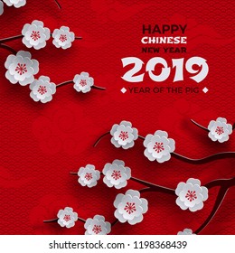 2019 chinese new year banner, poster design, red background, traditional sakura cherry flowers on tree branches, clouds, pattern oriental. Congratulation text, paper cut out style, vector illustration