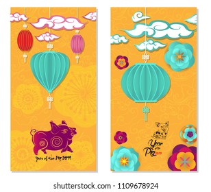 2019 Chinese New Year Greeting Card, two sides poster, flyer or invitation design with Paper cut Sakura Flowers and pig
