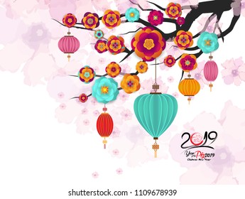 2019 Chinese New Year greeting card with pig emblem and sakura branch. Zodiac pig. Paper cut flowers