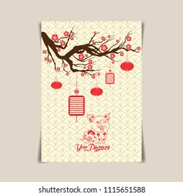 2019 Chinese New Year Greeting poster, flyer or invitation design with cherry blossom flowers and pig