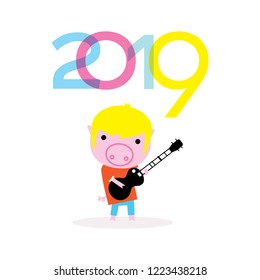 2019 chinese new year greeting card with blond hair pig character playing the rock guitar. vector illustration