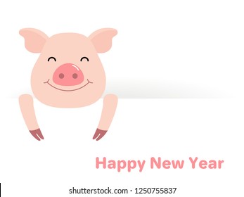 2019 Chinese New Year greeting card with cute pig face, text. Vector illustration. Flat style design. Concept for holiday banner, decorative element.