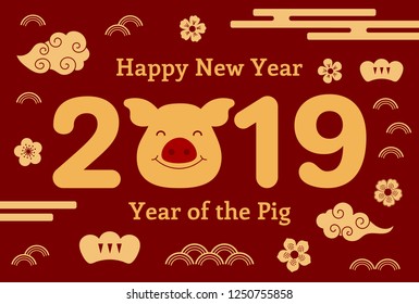 2019 Chinese New Year greeting card with cute pig, clouds, flowers, numbers, text, gold on red. Vector illustration. Isolated objects. Flat style design. Concept for holiday banner, decorative element