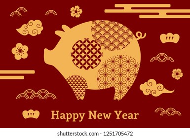 2019 Chinese New Year greeting card with cute pig, clouds, flowers, text, gold on red. Vector illustration. Isolated objects. Flat style design. Concept for holiday banner, decorative element.