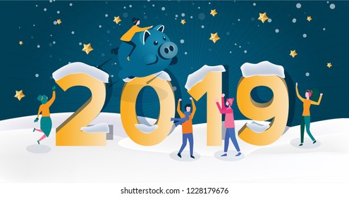 2019 Chinese New Year. Happy new year 2019 vector illustration, Christmas card, Year of opportunities for startup launch, start of business project. Big solution! Happy holidays. NY party.