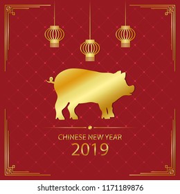 2019 Chinese New Year illustration with gold pig and golden hanging lanterns. Year of the pig - holiday card on red background. Vector.