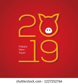 2019 Chinese New Year minimal greeting card or banner design with numbers and abstract piglet head silhouette. Pig snout linear icon.