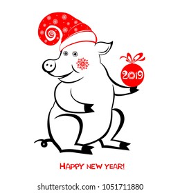  2019 Chinese New Year of the Pig. Christmas greeting card.