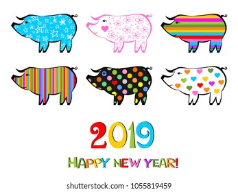 2019 Chinese New Year of the Pig. Christmas greeting card. Pig collection set  isolated on White background. Silhouette.  Vector illustration