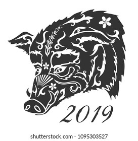 2019 Chinese new year of Pig or boar. Black silhouette head of boar.