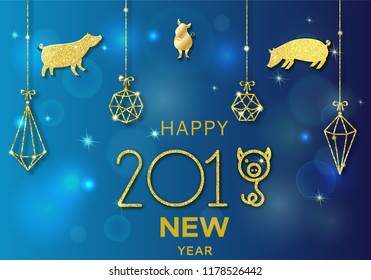 2019 chinese new year of pig concept with golden vector silhouette, glitter, foil texture, template for calendar, poster, banner, greeting card