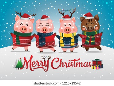2019 Chinese New Year of the Pig. Christmas greeting card