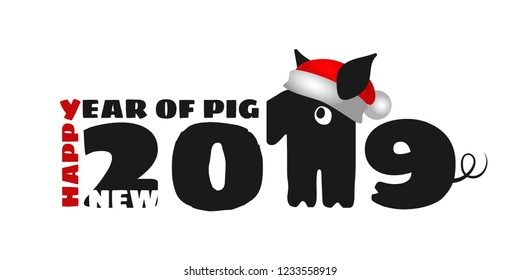 2019 Chinese New Year of Pig. Calendar poster year of Swine. Numbers one and nine stylized boar. Print t-shirt or card, poster, banner design. Animal in red santa hat