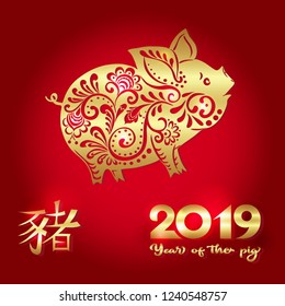 2019 Chinese new year, year of the pig. Template for greeting card,  invitation or gift envelope for money.  Vector illustration in red and gold colors.