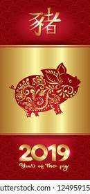 2019 Chinese new year, year of the pig. Template for greeting card, invitation or gift envelope for money. Vector illustration in red and gold colors. Hieroglyph means year of the pig.