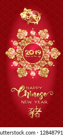 2019 Chinese new year, year of the pig. Template for greeting card,  invitation or gift envelope for money.  Vector illustration in red and gold colors.