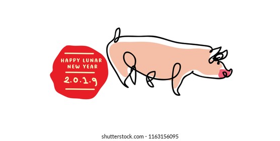 2019 chinese new year with simple minimalist cartoon line art illustration of pig 
