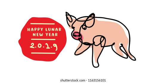 2019 chinese new year with simple minimalist cartoon line art illustration of pig 
