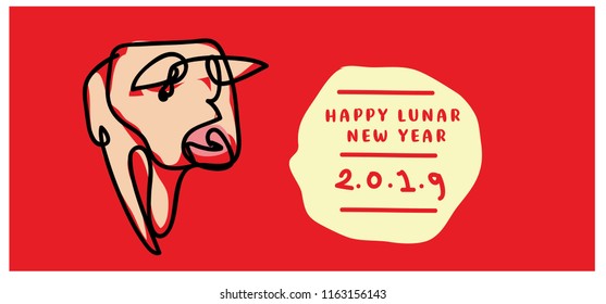 2019 chinese new year with simple minimalist cartoon line art illustration of pig 
