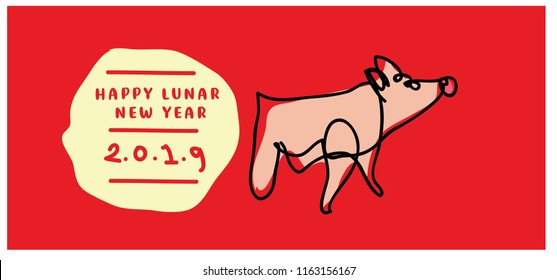 2019 chinese new year with simple minimalist cartoon line art illustration of pig 
