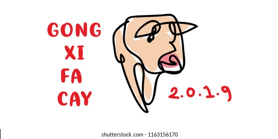 2019 chinese new year with simple minimalist cartoon line art illustration of pig 
