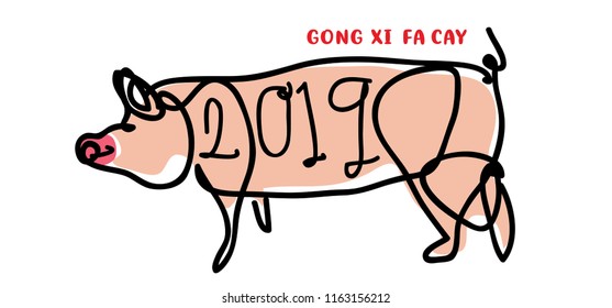 2019 chinese new year with simple minimalist cartoon line art illustration of pig 
