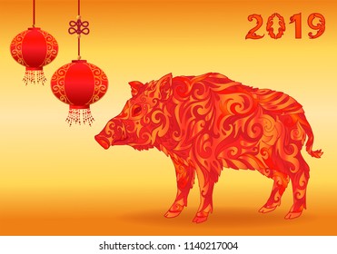 2019 Chinese New Year, symbol of the year - pig or boar . Vector illustration with ornamental wild pig and red lantern, background for greeting card and congratulations.