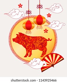 2019 Chinese New Year of Yellow Pig. Banner and card background with pig and hanging lanterns and fan.