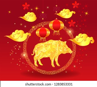 2019 Chinese New Year of the yellow pig. Circle frame with golden pig or boar and chinese lanterns in paper cut style for greeting card