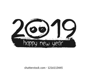 2019 Chinese Year of the Pig. Calendar poster numbers font with snout. Hand written black lettering and animal head  on white background. Happy New Year card or banner design. 