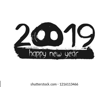 2019 Chinese Year of the Pig. Calendar poster numbers font with snout. Hand written black lettering and animal head  on white background. Happy New Year card or banner design. 