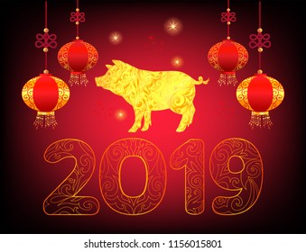 2019 Chinese Zodiac Sign Year - Pig. Yellow  pattern animal in oriental style. Pig is symbol coming year.