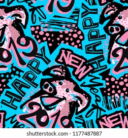 2019 Chinese Zodiac Sign Year of Pig Funky Print , Seamless Pig puttern, Happy New Year Graphic