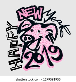 2019 Chinese Zodiac Sign Year of Pig Funky Print , Seamless Pig puttern, Happy New Year Graphic