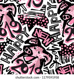 2019 Chinese Zodiac Sign Year of Pig Funky Print , Seamless Pig puttern, Happy New Year Graphic