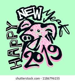 2019 Chinese Zodiac Sign Year of Pig Funky Print , Seamless Pig puttern, Happy New Year Graphic