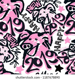 2019 Chinese Zodiac Sign Year of Pig Funky Print , Seamless Pig puttern, Happy New Year Graphic