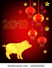 2019 Chinese Zodiac Sign Year - Pig. Yellow pattern animal in oriental style. Pig is symbol coming year.