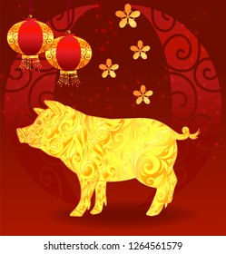 2019 Chinese Zodiac Sign Year - Pig. Yellow pattern animal in oriental style. Pig is symbol coming year. 