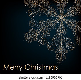 2019. Christmas background with Shining gold Snowflakes. Lettering Merry Christmas card vector Illustration.