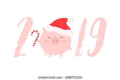 2019 christmas card, symbol of the year pig stands between the numeral 2 and 1 with candy in red cap