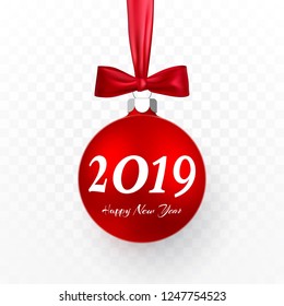 2019 Christmas and New Year background with red christmas ball and bow for xmas design. Vector illustration.