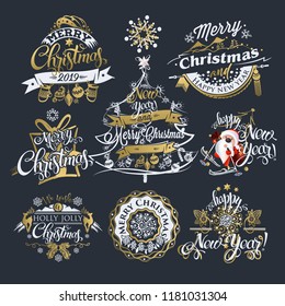 2019 Christmas and New year labels and borders. Decoration set of calligraphic design with typographic labels, and icons elements for you. Hand drawn authors work.  Merry Christmas emblems.