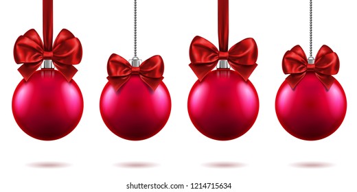 2019 christmas or new year realistic toys with bows hanging on chains. Merry christmas fir tree decorations, red baubles with bow-knots, red spheres for xmas holidays. Celebration theme