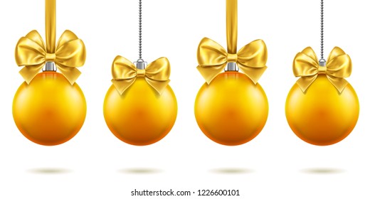 2019 christmas or new year realistic toys with bows hanging on chains. Merry christmas fir tree decorations, golden baubles with bow-knots, golden spheres for xmas holidays. Celebration theme