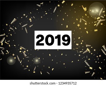 2019 Christmas Tinsel Confetti, Falling New Year Gold. Horizontal Shiny Stardust Background. Cool Luxury Christmas, New Year, Birthday Party Holiday Border. Gold Christmas Tinsel Confetti