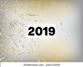2019 Christmas Tinsel Confetti, Falling New Year Gold. Cool Luxury Christmas, New Year, Birthday Party Holiday Frame. Horizontal Fairy Streamers Background. Gold Christmas Tinsel Confetti