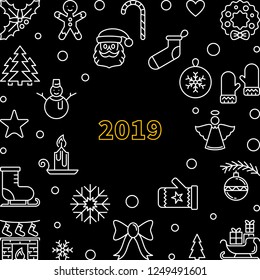 2019 Christmas vector dark square frame or background in thin line style
